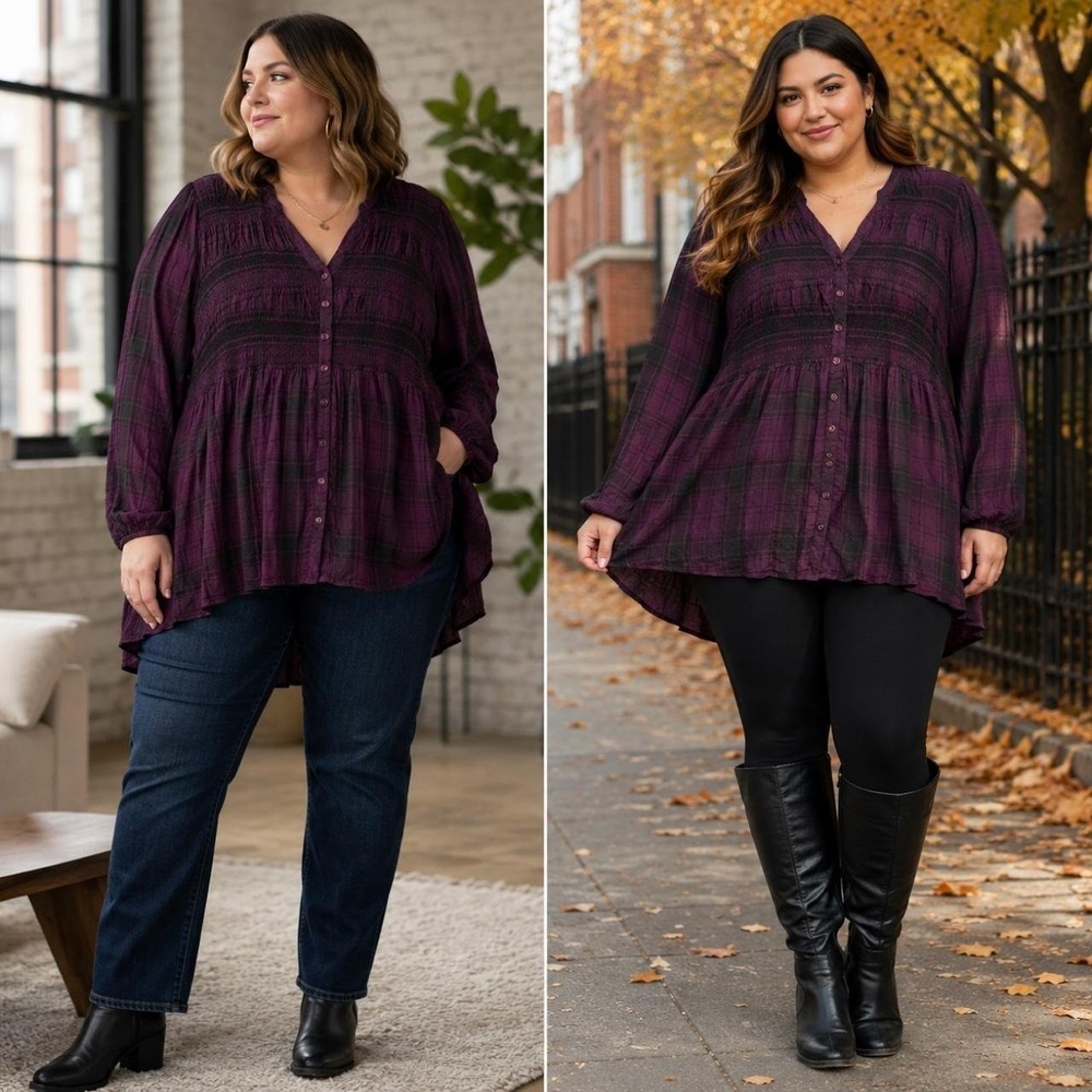 Torrid Women's Top 3XL Smocked Button Front Tunic Top Purple Plaid Dark Academia